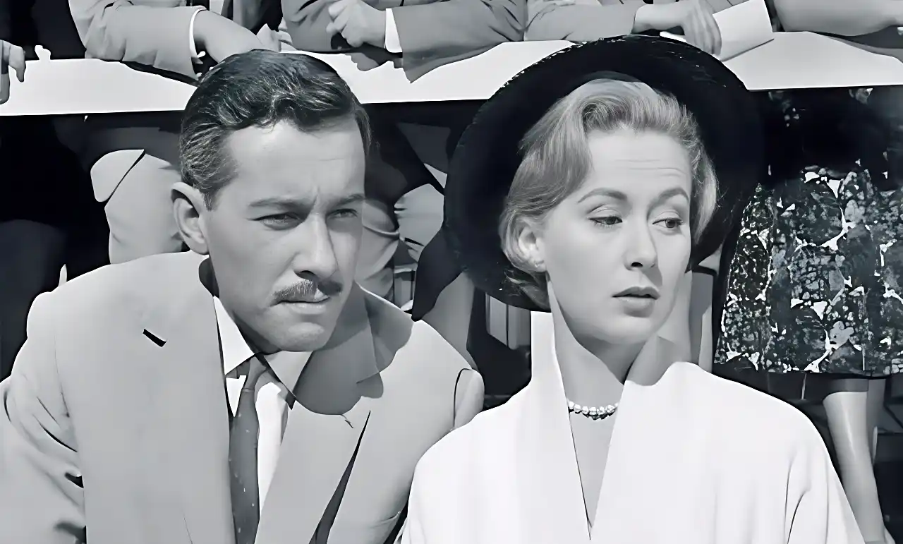 Los actores John Carson y Ann Gillis, el ladrón y la turista norteamericana en el episodio The Romantic Matron